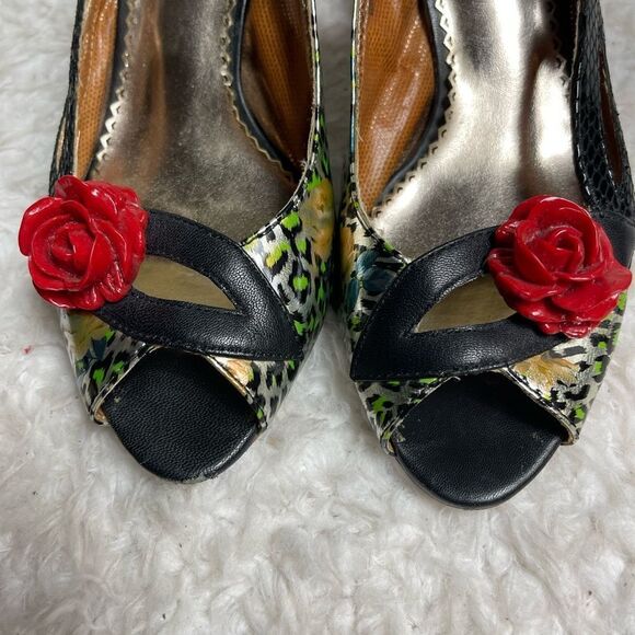 Poetic Licence License Tea Party Leopard Red Rose Peep Toe Heels Size 8 - Picture 6 of 8
